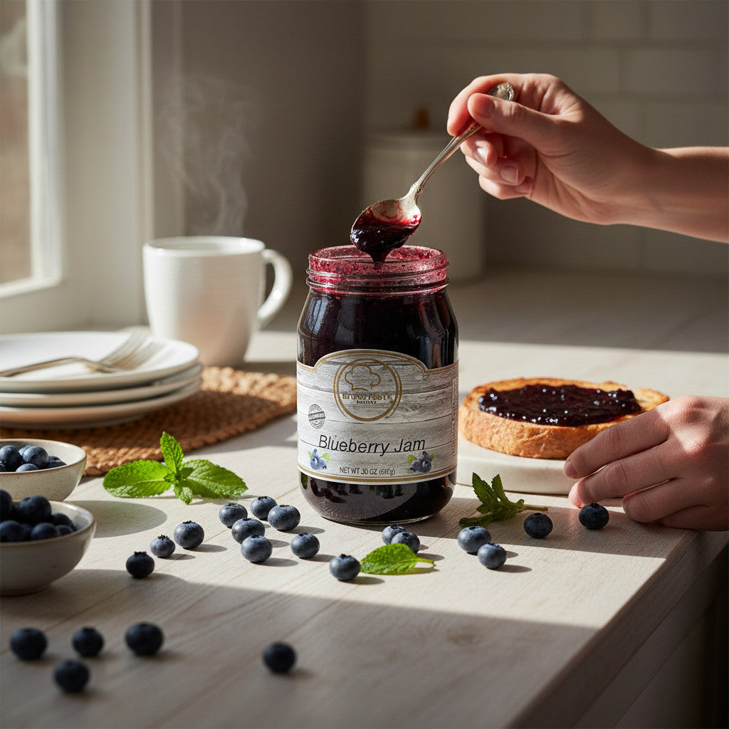 Broke Man's Pantry all-natural blueberry jam in a glass jar with fresh berries and toast on a sunny kitchen table.