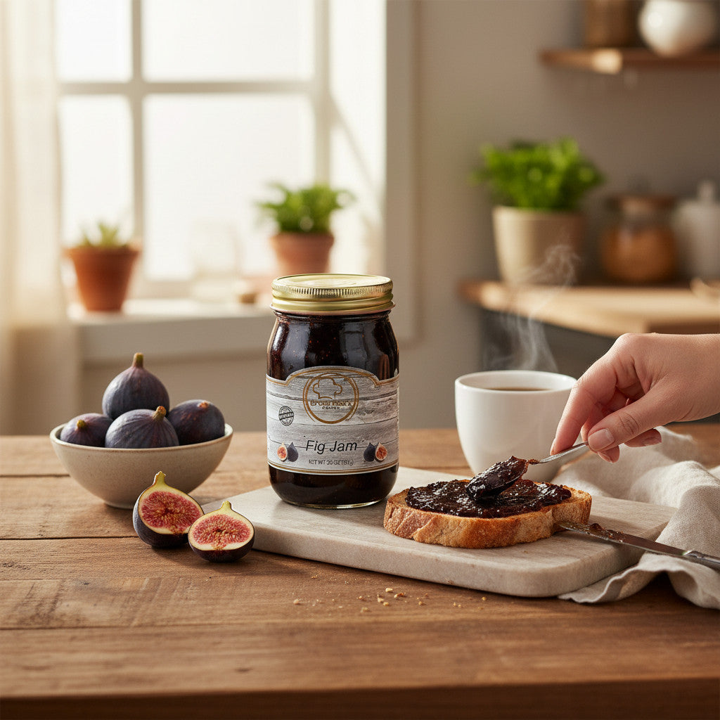 Broke Man's Pantry Fig Jam in a glass jar with fresh figs and a hand spreading jam on toast in a rustic kitchen.