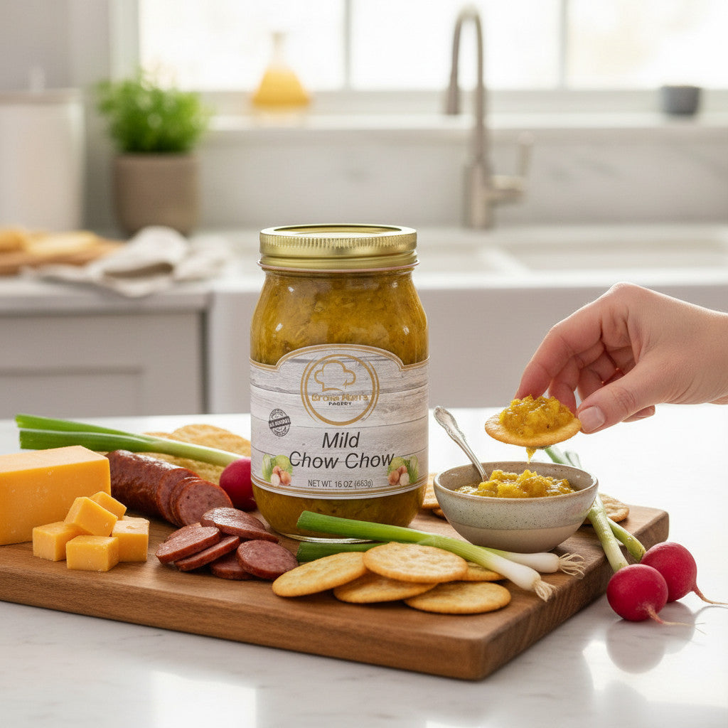 Broke Man's Pantry Mild Chow Chow relish in a glass jar served on a wooden board with crackers, cheese, and sausage.
