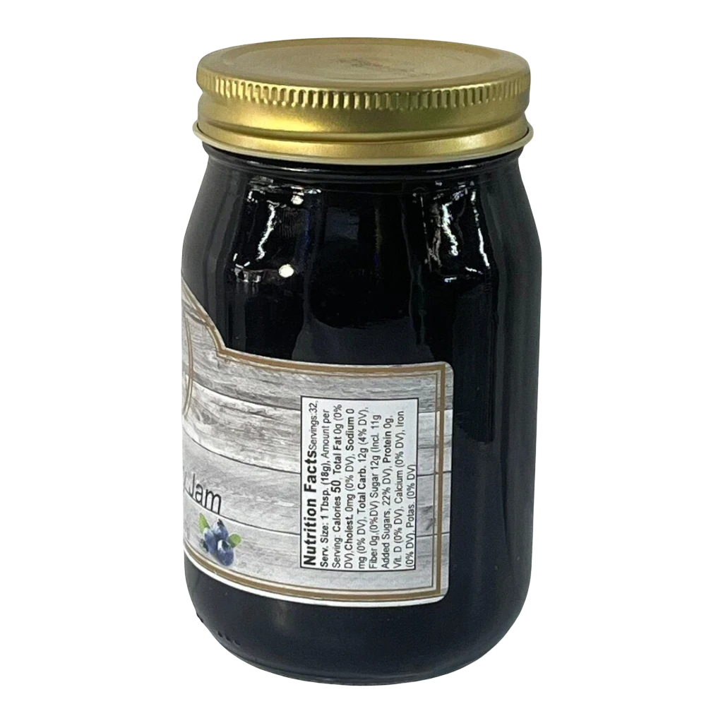 Broke Man's Pantry Blueberry Jam in a glass jar with a gold lid. Natural ingredients, smooth texture.