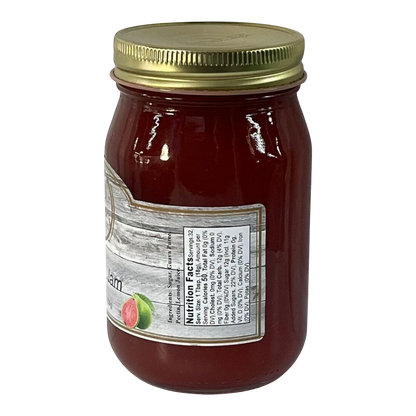 Broke Man's Pantry Guava Jam in a glass jar with a gold lid. Features a rustic label with nutrition facts and guava illustrations.