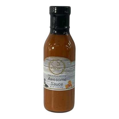 Broke Man's Pantry Awesome Sauce in a 12 oz glass bottle with a rustic label, perfect for burgers and fries.
