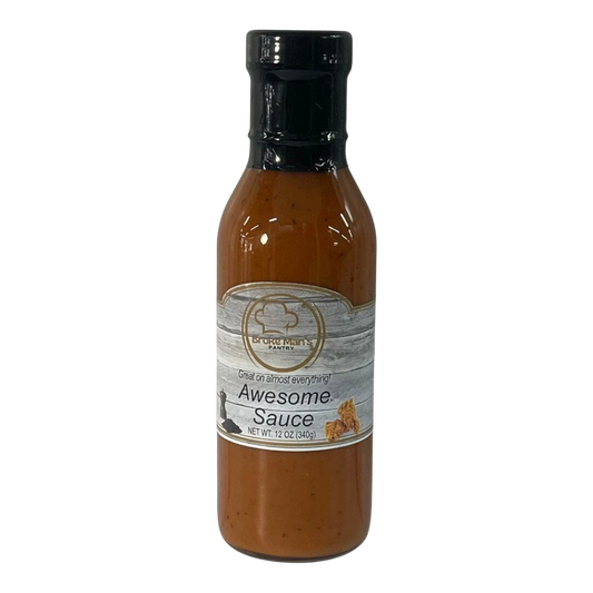 Broke Man's Pantry Awesome Sauce in a 12 oz glass bottle with a rustic label, perfect for burgers and fries.