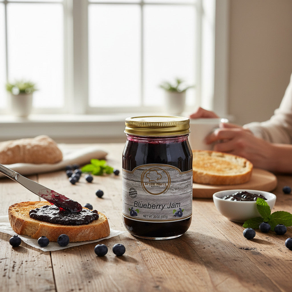 Broke Man's Pantry Blueberry Jam in a glass jar on a wooden table with toast, fresh blueberries, and a butter knife.