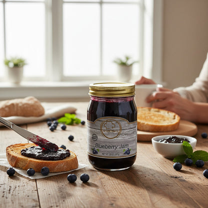 Broke Man's Pantry Blueberry Jam in a glass jar on a wooden table with toast, fresh blueberries, and a butter knife.