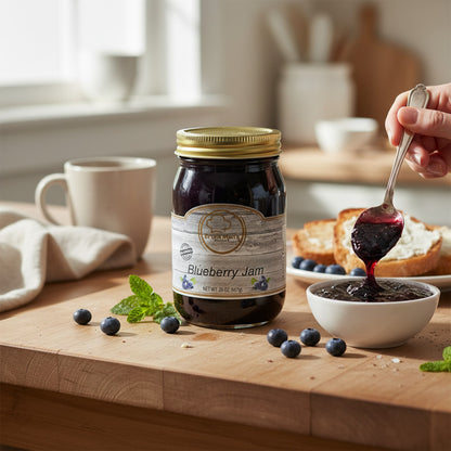 Broke Man's Pantry Blueberry Jam in a glass jar with a spoon drizzling jam onto a small bowl on a wooden table.