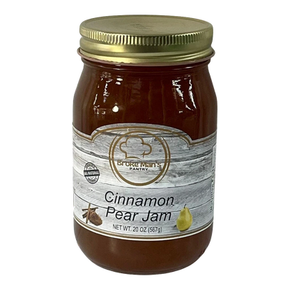 Broke Man's Pantry Cinnamon Pear Jam in a 20oz glass jar with a gold lid and rustic wood-grain label.