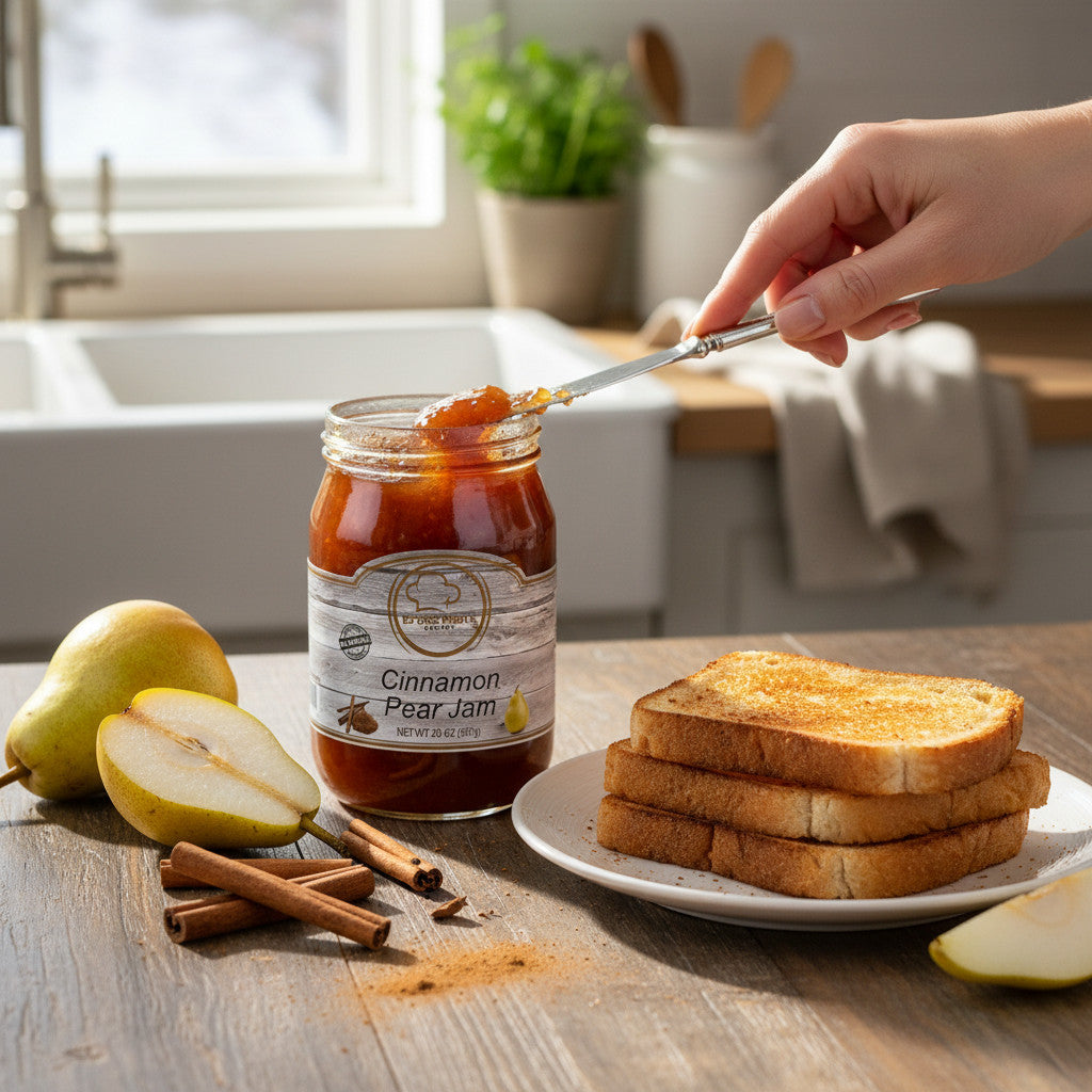 Broke Man's Pantry Cinnamon Pear Jam in a glass jar with fresh pears, cinnamon sticks, and toasted bread on a table.