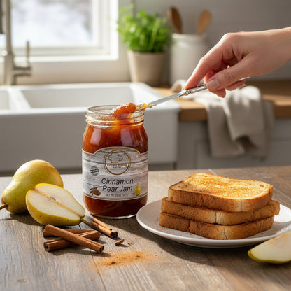 Broke Man's Pantry Cinnamon Pear Jam in a glass jar with fresh pears, cinnamon sticks, and toasted bread on a table.