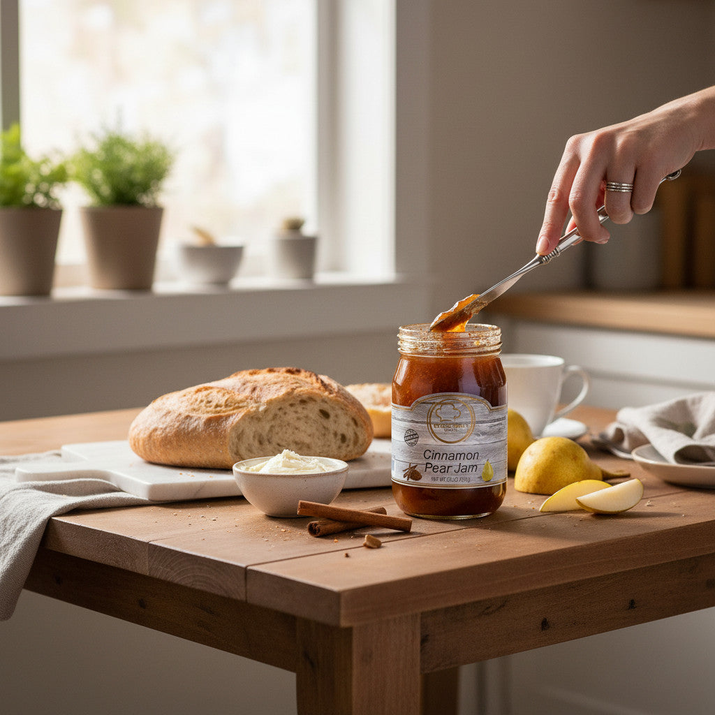 Broke Man's Pantry Cinnamon Pear Jam in a glass jar on a wooden table with fresh bread, pears, and cinnamon sticks.