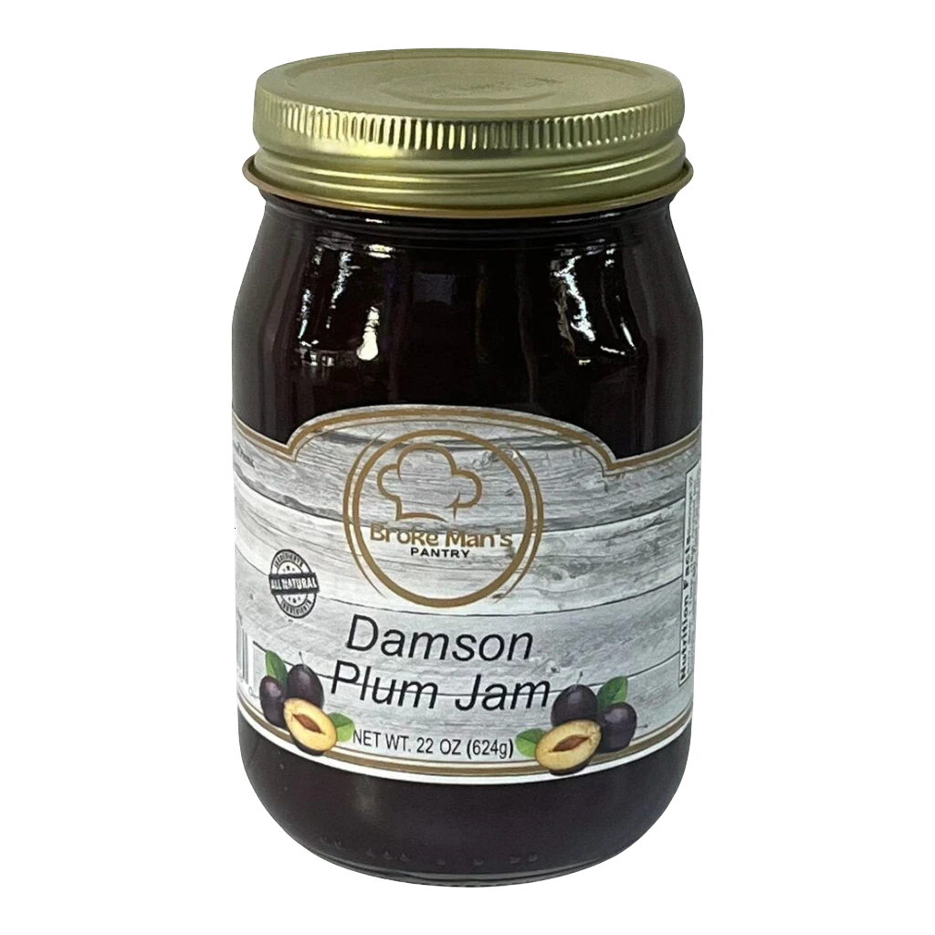 Broke Man's Pantry 22oz jar of all-natural Damson Plum Jam with a gold lid and rustic wood-grain label design.