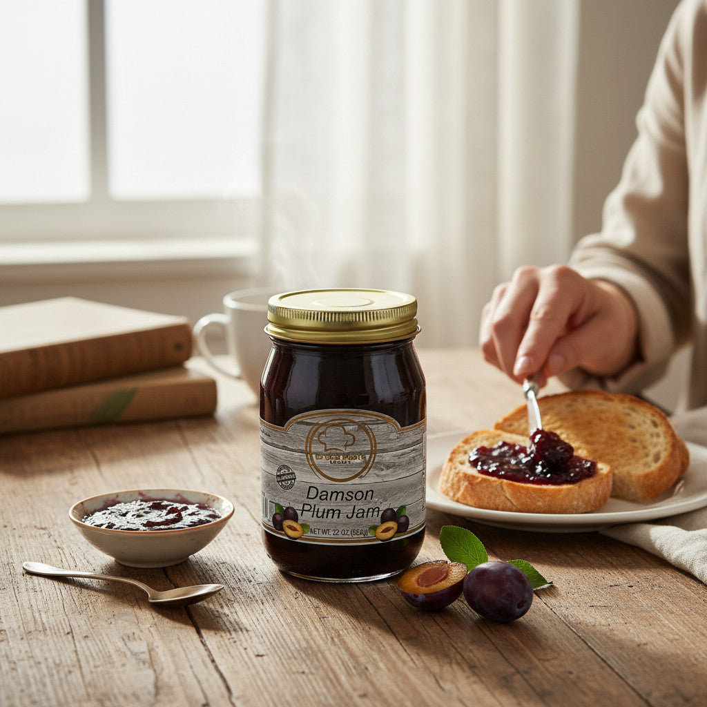 Broke Man's Pantry Damson Plum Jam in a glass jar on a rustic wooden table with toast, fresh plums, and a spoon.