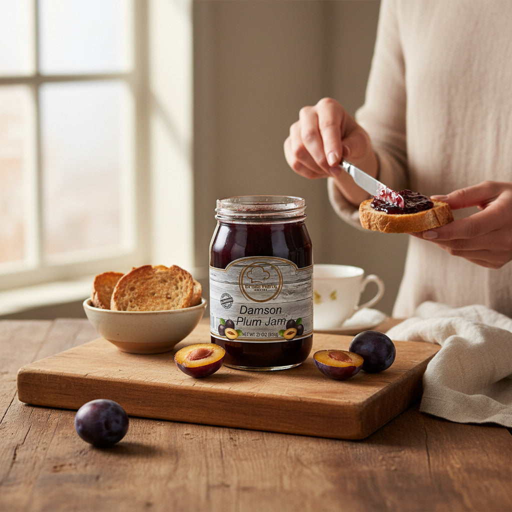 Broke Man's Pantry Damson Plum Jam in a glass jar on a wooden board with fresh plums and toast being spread with jam.