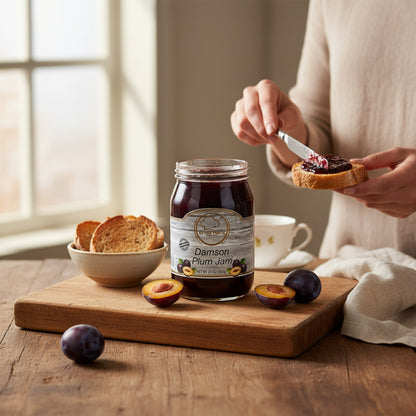 Broke Man's Pantry Damson Plum Jam in a glass jar on a wooden board with fresh plums and toast being spread with jam.