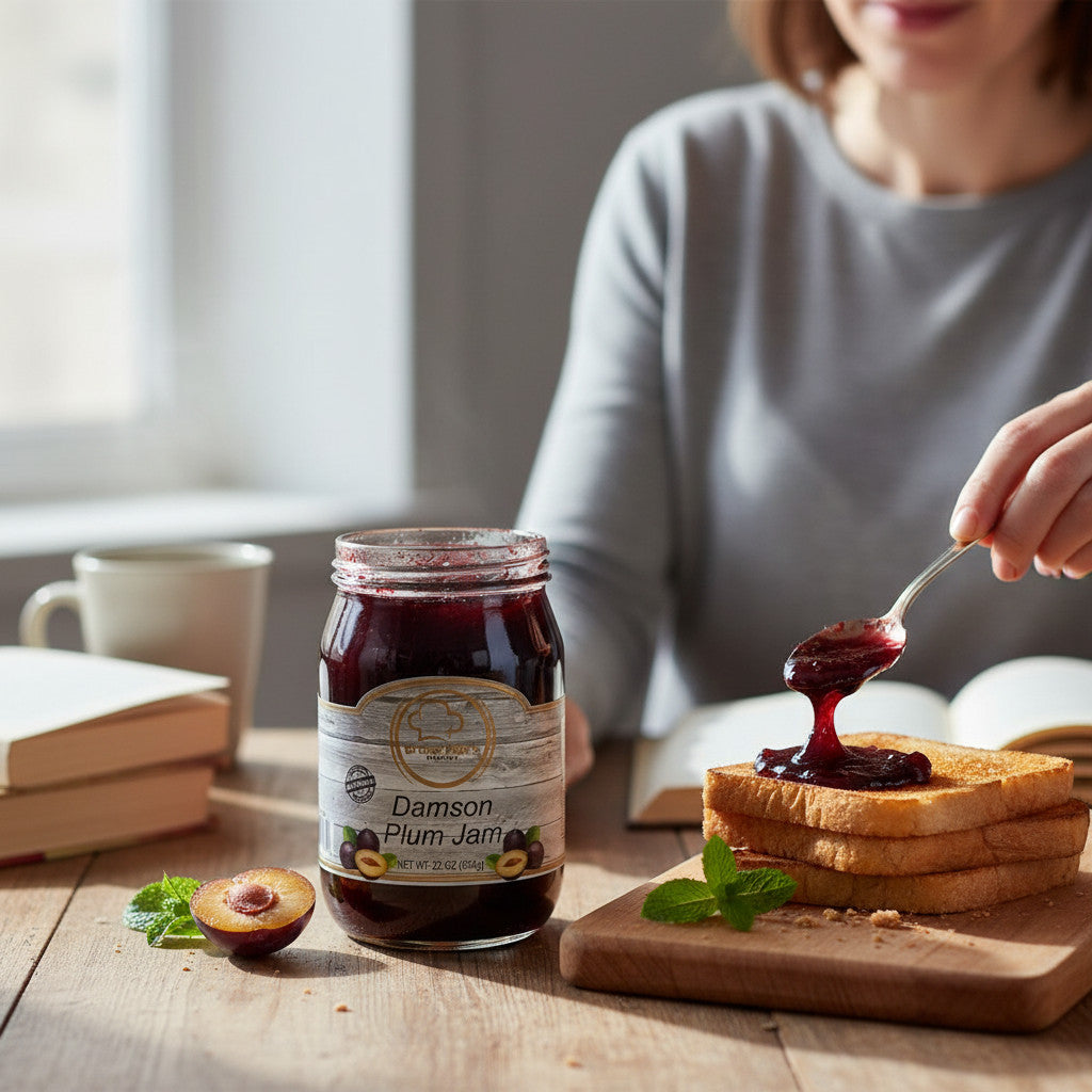 Broke Man's Pantry Damson Plum Jam in a glass jar being spread onto toasted bread by a person at a wooden table.
