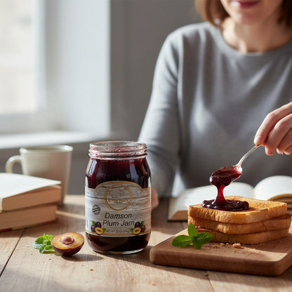 Broke Man's Pantry Damson Plum Jam in a glass jar being spread onto toasted bread by a person at a wooden table.