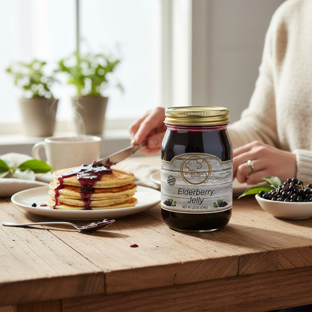 Broke Man's Pantry deep purple elderberry jelly in a glass jar served on pancakes at a rustic wooden breakfast table.