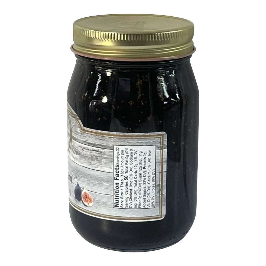 Broke Man's Pantry Fig Jam in a glass jar with a gold lid, featuring a rustic label with nutrition facts.