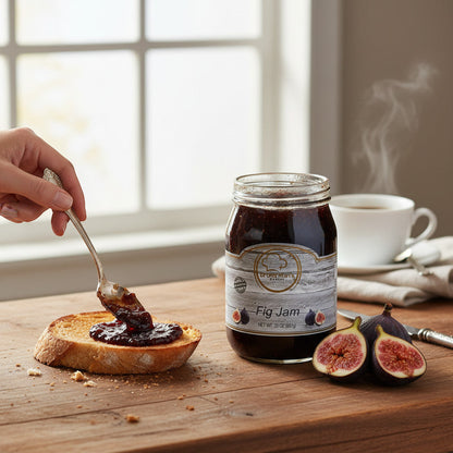 Broke Man's Pantry Fig Jam spread on toasted bread with fresh figs and a steaming cup of coffee on a wooden table.