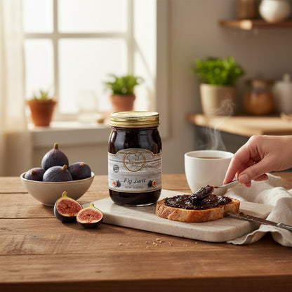 Broke Man's Pantry Fig Jam in a glass jar with fresh figs and a hand spreading jam on toast in a rustic kitchen.