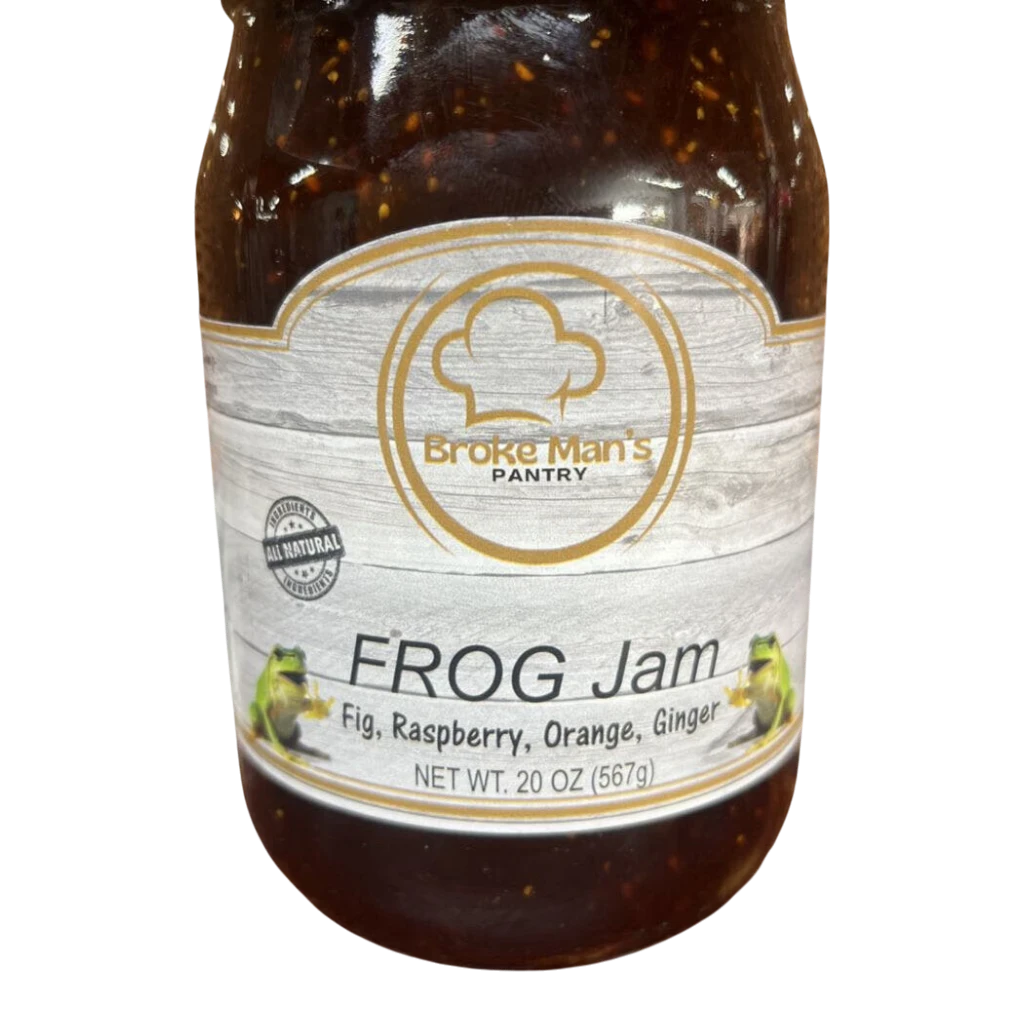 Broke Man's Pantry FROG Jam made with fig, raspberry, orange, and ginger in a 20 oz glass jar.