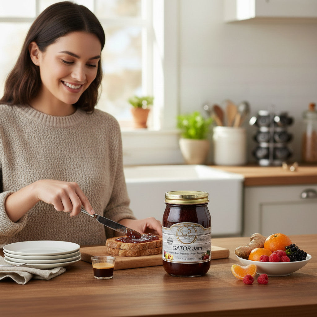 Woman spreading Broke Man's Pantry Gator Jam on toast in a bright kitchen with fresh fruit and ginger on the table.