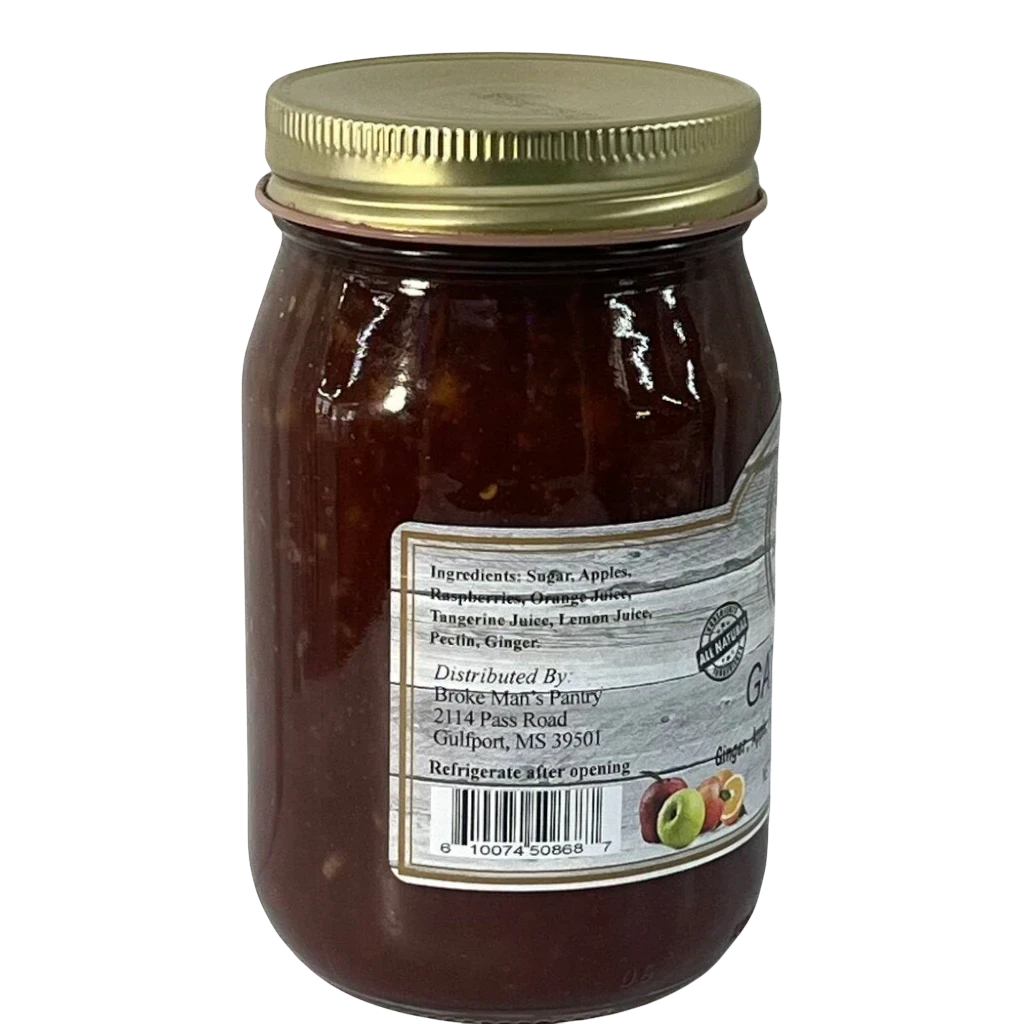 Broke Man's Pantry Gator Jam in a glass jar with a gold lid, featuring a blend of apple, ginger, and citrus.