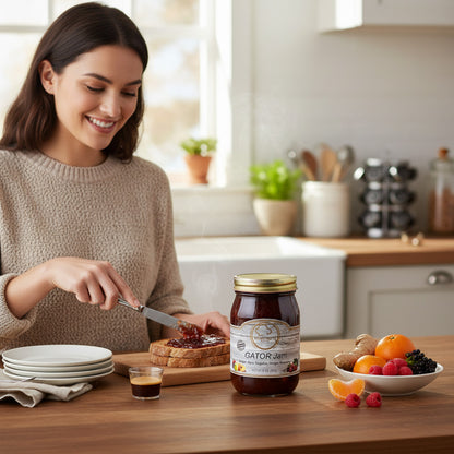 Woman spreading Broke Man's Pantry Gator Jam on toast in a kitchen with fresh ginger, oranges, and raspberries.