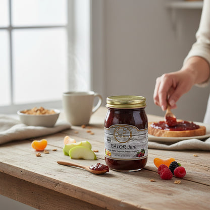 Broke Man's Pantry Gator Jam in a glass jar on a wooden table with fresh fruit, toast, and a wooden spoon.