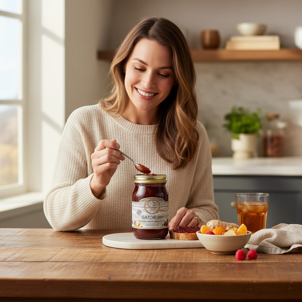 Woman in a kitchen spreading Broke Man's Pantry Gator Jam on toast, featuring ginger, apple, and citrus fruit.
