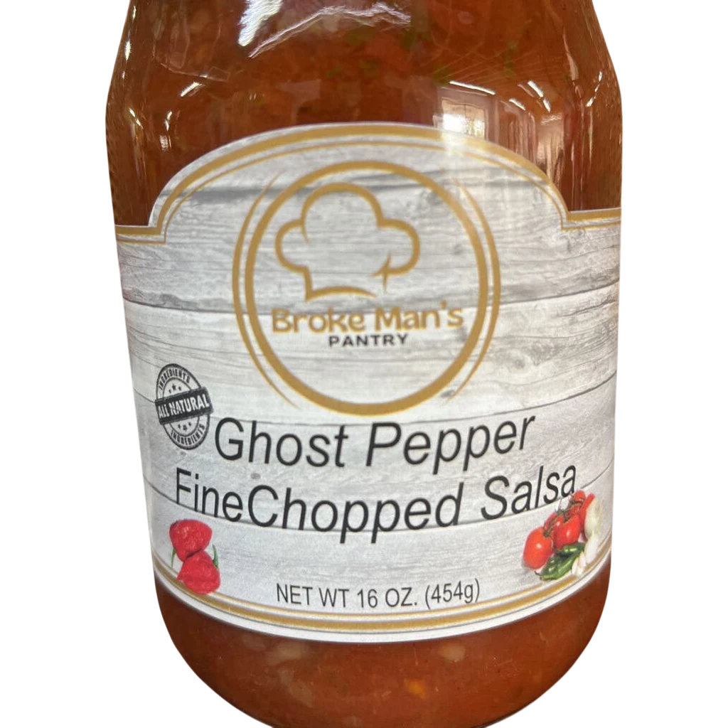 Broke Man's Pantry Ghost Pepper Fine Chopped Salsa in a 16 oz glass jar with a rustic label design.