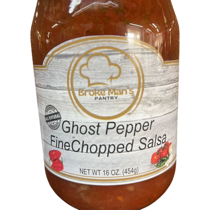 Broke Man's Pantry Ghost Pepper Fine Chopped Salsa in a 16 oz glass jar with a rustic label design.