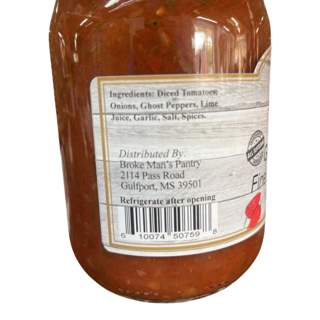 Broke Man's Pantry Ghost Pepper Fine Chopped Salsa jar label showing ingredients and distribution details