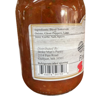 Broke Man's Pantry Ghost Pepper Fine Chopped Salsa jar label showing ingredients and distribution details