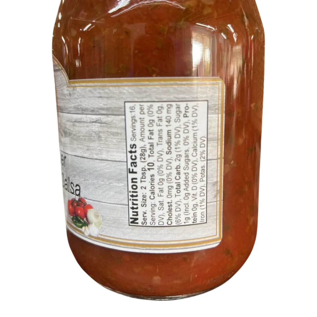 Broke Man's Pantry Ghost Pepper Fine Chopped Salsa jar showing nutrition facts label and red tomato-based texture.