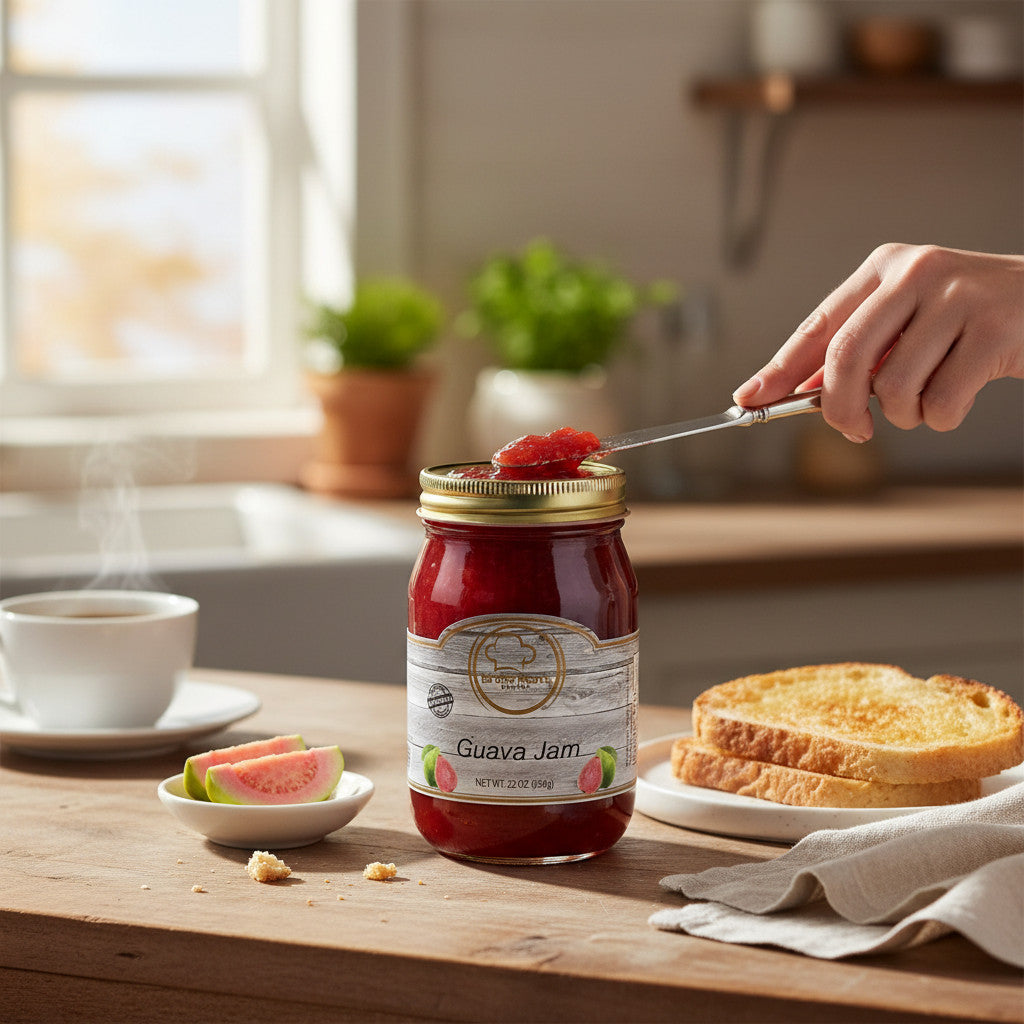Broke Man's Pantry Guava Jam in a glass jar being spread on toast with a knife in a cozy kitchen setting.
