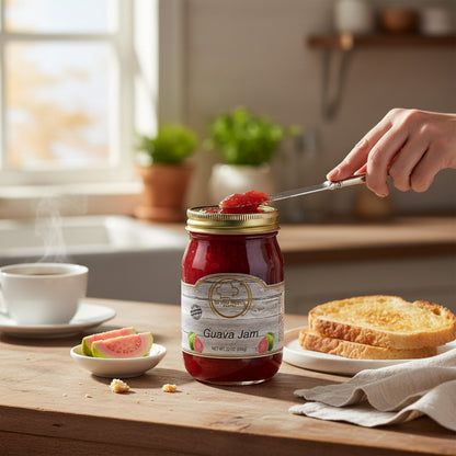 Broke Man's Pantry Guava Jam in a glass jar being spread on toast with a knife in a cozy kitchen setting.