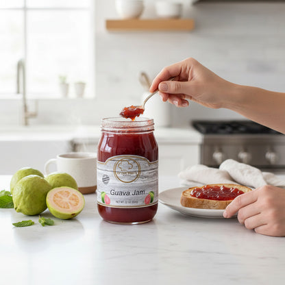 Broke Man's Pantry Guava Jam in a glass jar with fresh guavas and a spoonful of jam spread on toast in a kitchen.
