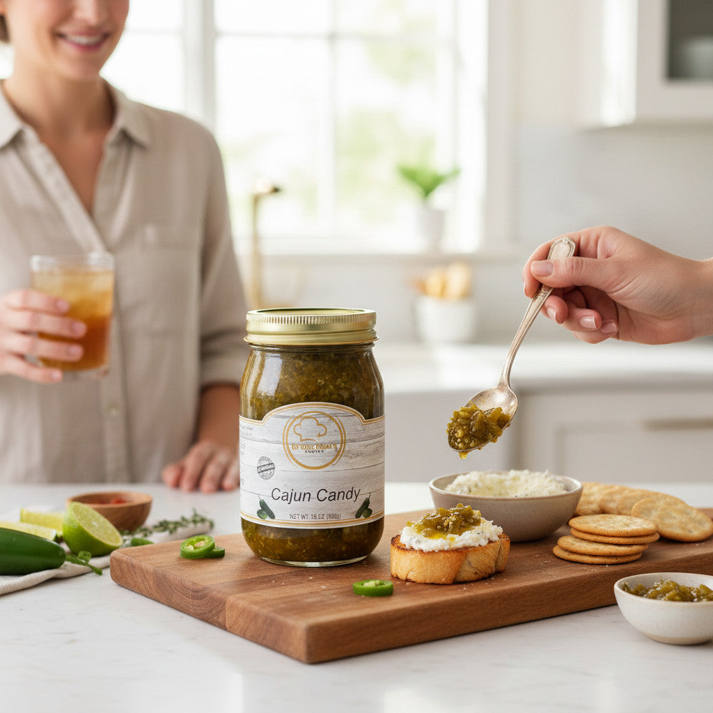 Broke Man's Pantry Jalapeño Cajun Candy jar on a wooden board with crackers, cheese, and fresh jalapeño slices.