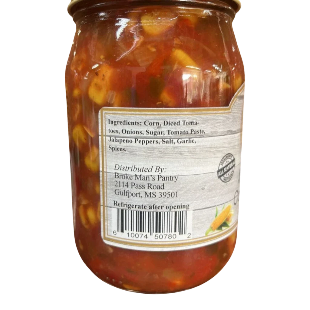 Broke Man's Pantry Medium Corn Salsa in a glass jar with visible corn, tomatoes, and jalapeño ingredients.