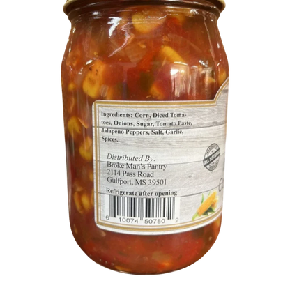 Broke Man's Pantry Medium Corn Salsa in a glass jar with visible corn, tomatoes, and jalapeño ingredients.