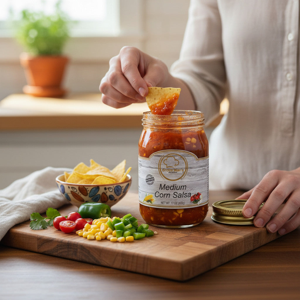 Broke Man's Pantry Medium Corn Salsa in a 17oz jar with fresh corn, jalapeños, and tortilla chips on a wooden board.