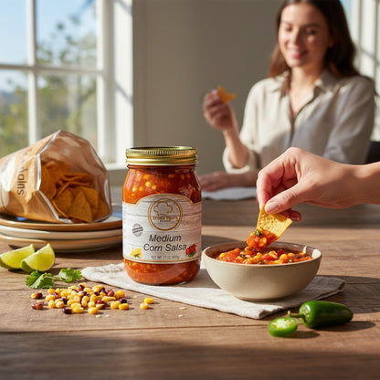 Broke Man's Pantry Medium Corn Salsa in a glass jar with a bowl of salsa, tortilla chips, lime, and jalapeño.