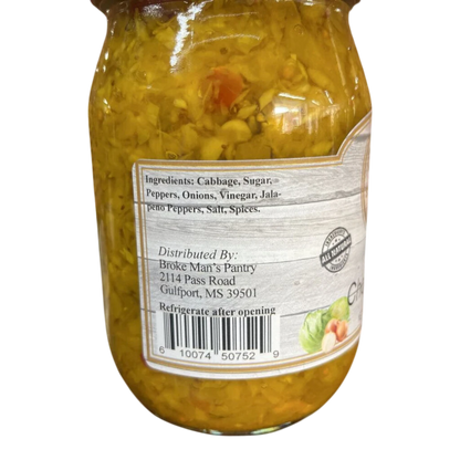 Broke Man's Pantry mild chow chow relish in a glass jar showing ingredients like cabbage, peppers, and onions.