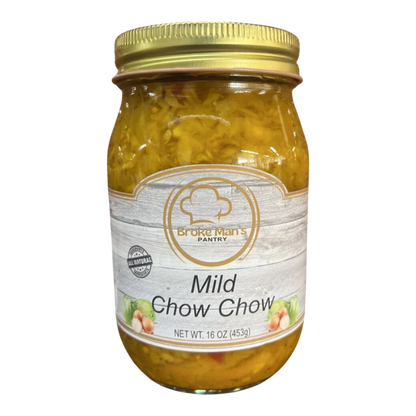 Broke Man's Pantry Mild Chow Chow relish in a 16 oz glass jar with a gold lid, featuring fresh vegetable ingredients.