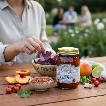Broke Man's Pantry Mild Peach Salsa jar with fresh peaches, tomatoes, and blue corn chips on a wooden table.