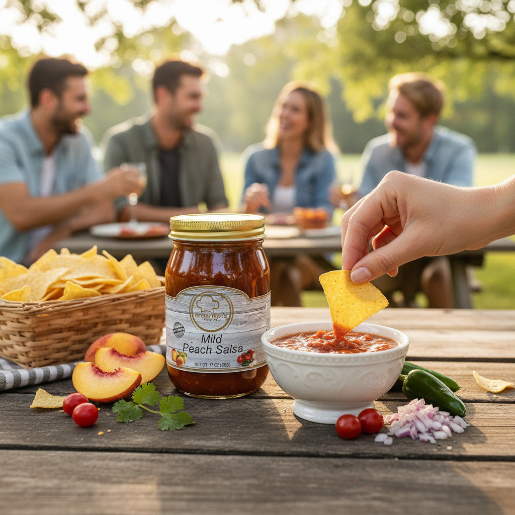 Broke Man's Pantry Mild Peach Salsa in a glass jar with fresh peaches, jalapeños, and tortilla chips on a table.