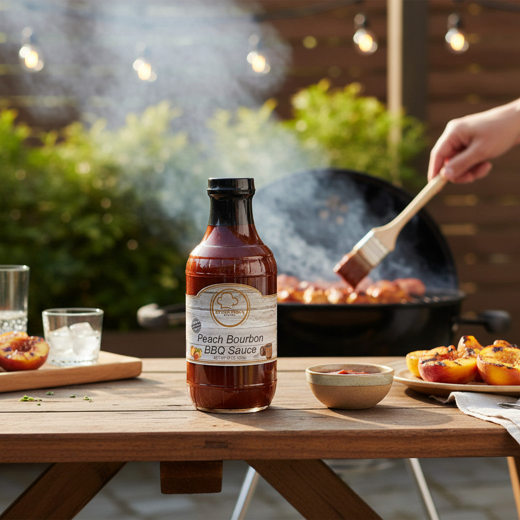 Broke Man's Pantry Peach Bourbon BBQ sauce bottle on a wooden table with grilled peaches and a smoking grill background