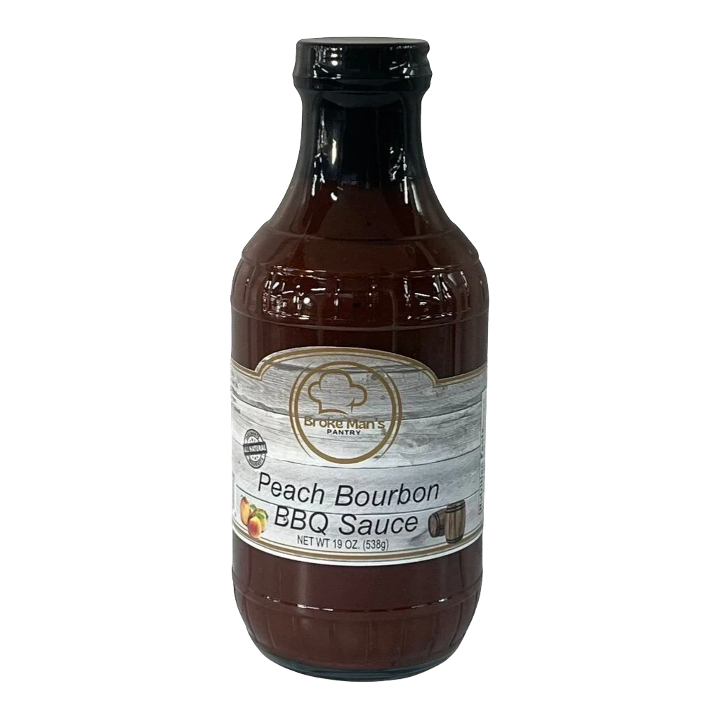 Broke Man's Pantry Peach Bourbon BBQ Sauce in a 19 oz bottle with a rustic wood-grain label design.
