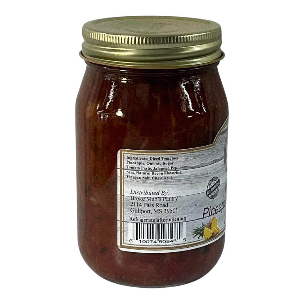 Broke Man's Pantry Medium Pineapple Bacon Salsa in a glass jar with a gold lid, featuring a rustic label.